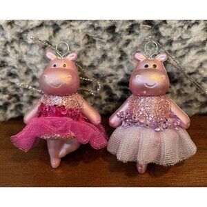 Ballerina 2 Mini Hippopotamus‎ Hippo Christmas Ornament Pink Tutu Glittery NEW